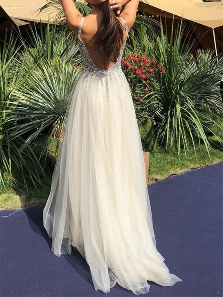 A Line V Neck Backless Tulle Beaded Long Prom Dresses Formal Evening Dresses